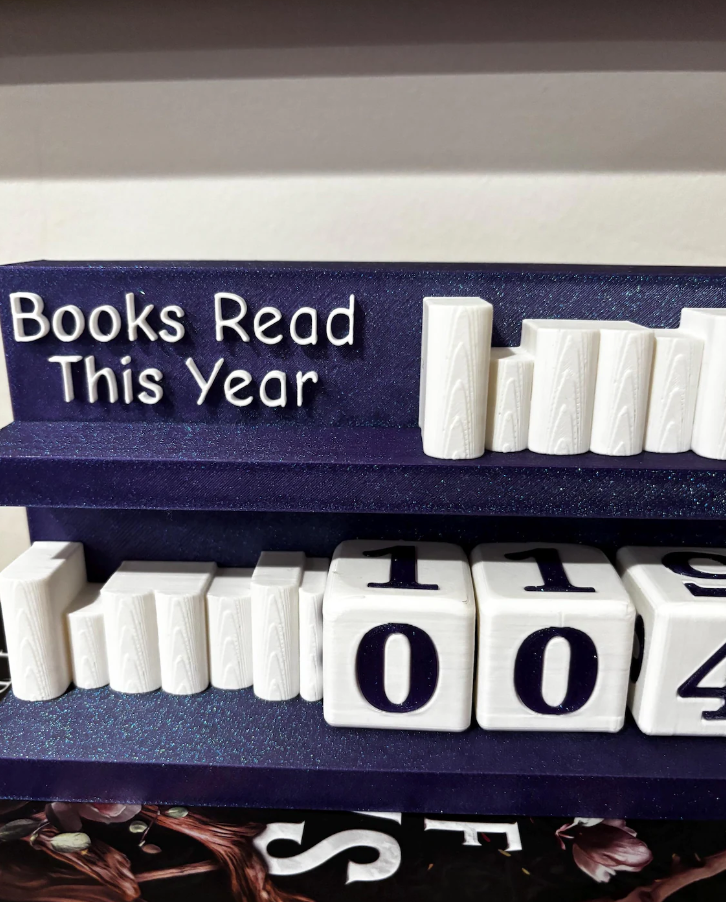 Books Read Counter: Bookworm Decor with Dice - Track Reading: Counter with White Books and Grim holding a Book
