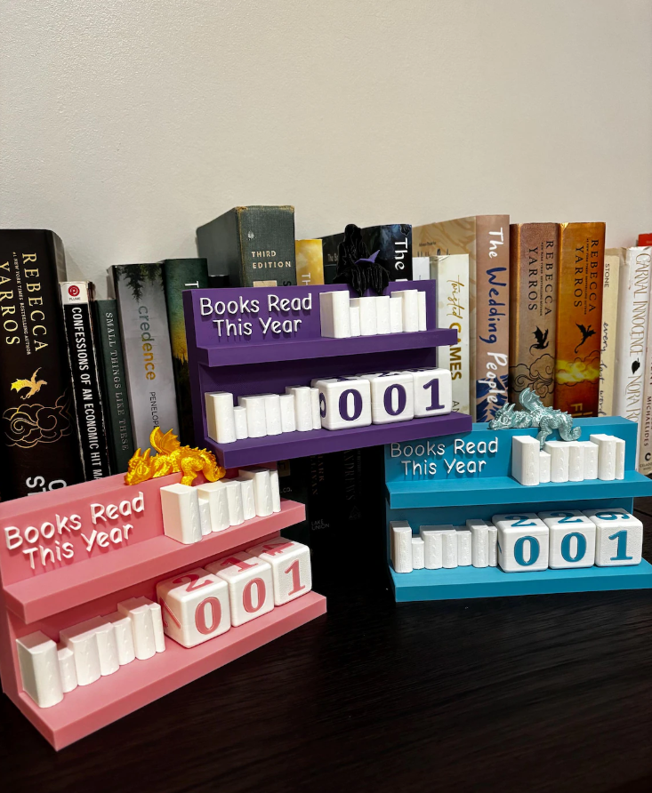 Books Read Counter: Bookworm Decor with Dice - Track Reading: Counter with White Books and Grim holding a Book