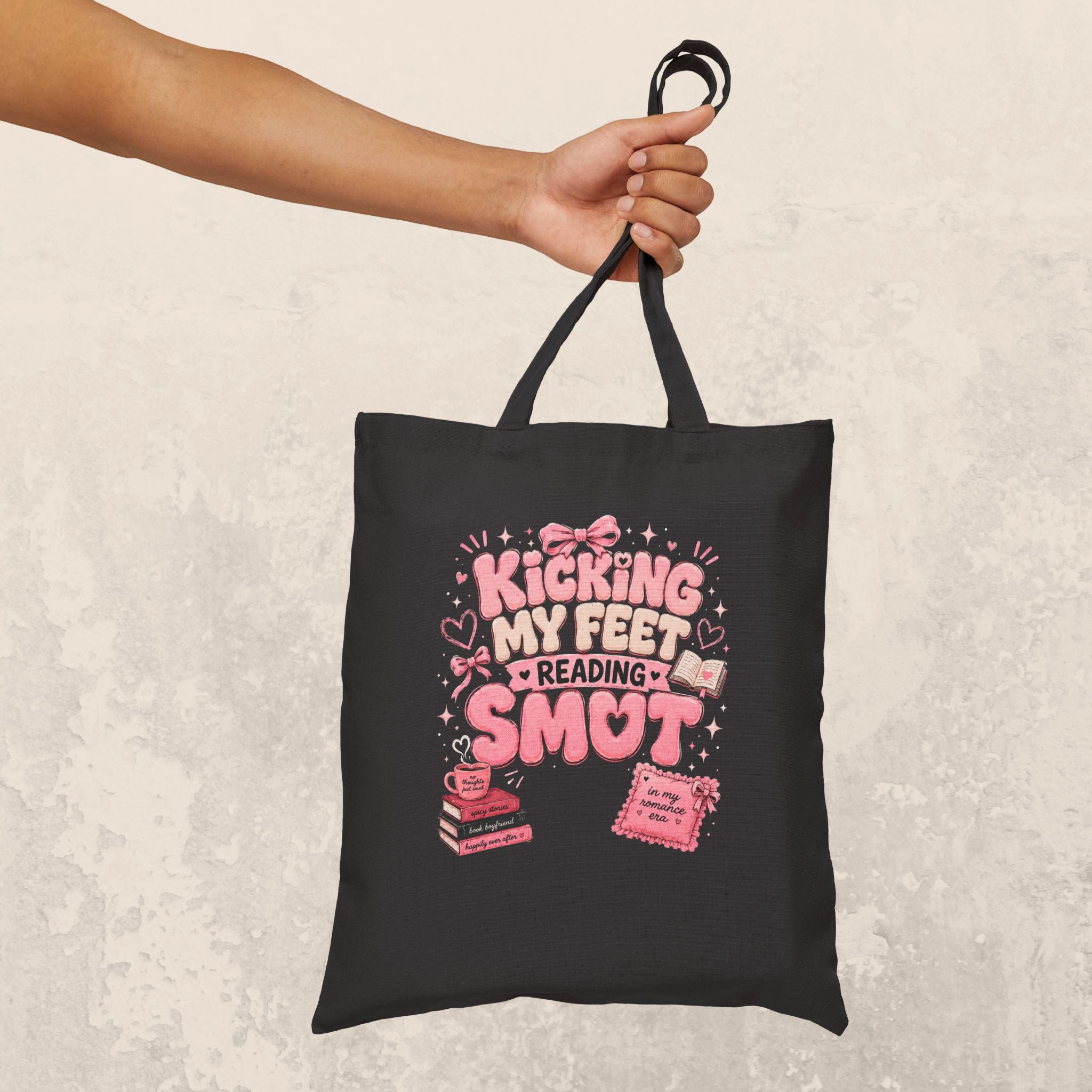 Tote Bag — 'Sticking My Feet in Reading Smot' Cute Pink Book Lover Canvas Tote