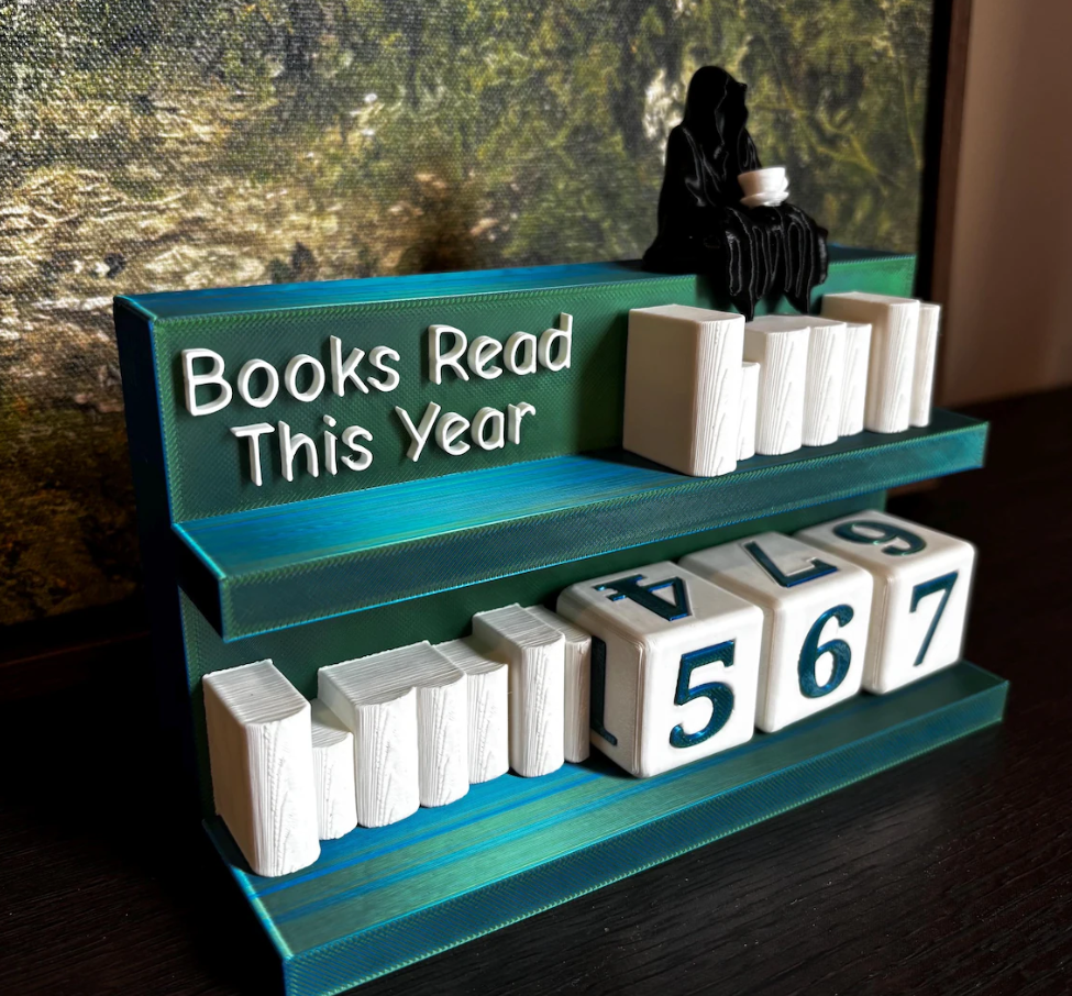 Books Read Counter: Bookworm Decor with Dice - Track Reading: Counter with White Books & Dragon