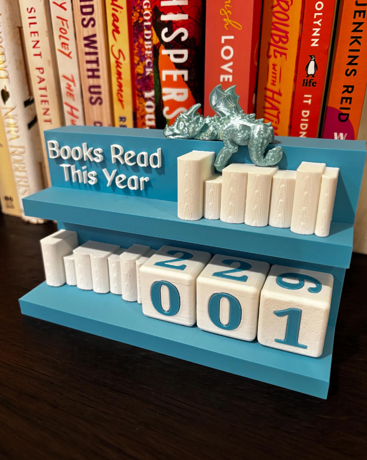 Books Read Counter: Bookworm Decor with Dice - Track Reading: Counter with White Books and Grim holding a Book
