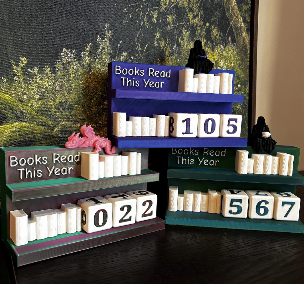 Books Read Counter: Bookworm Decor with Dice - Track Reading: Counter with White Books and Grim holding a Book