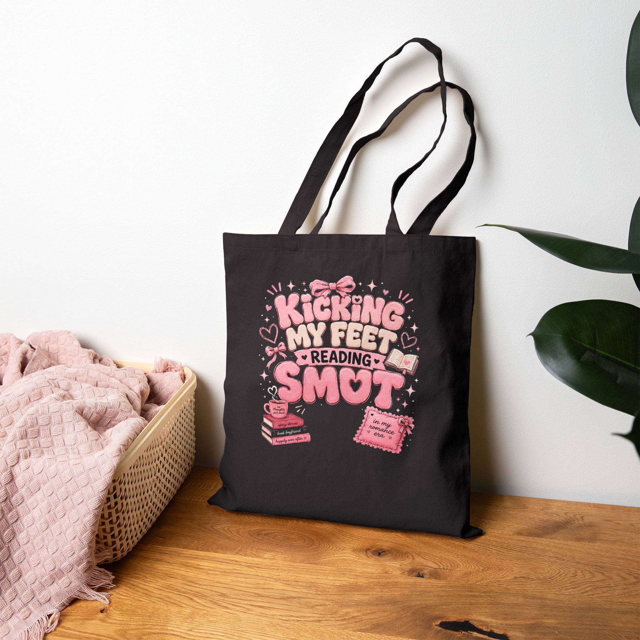 Tote Bag — 'Sticking My Feet in Reading Smot' Cute Pink Book Lover Canvas Tote