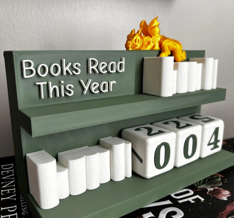 Books Read Counter: Bookworm Decor with Dice - Track Reading: Counter with White Books and Grim holding a Book