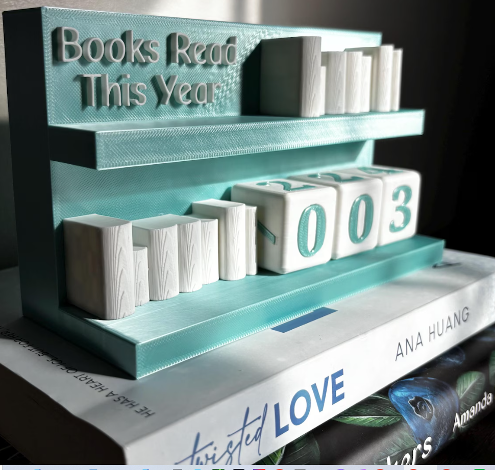 Books Read Counter: Bookworm Decor with Dice - Track Reading: Counter with White Books and Grim holding a Book