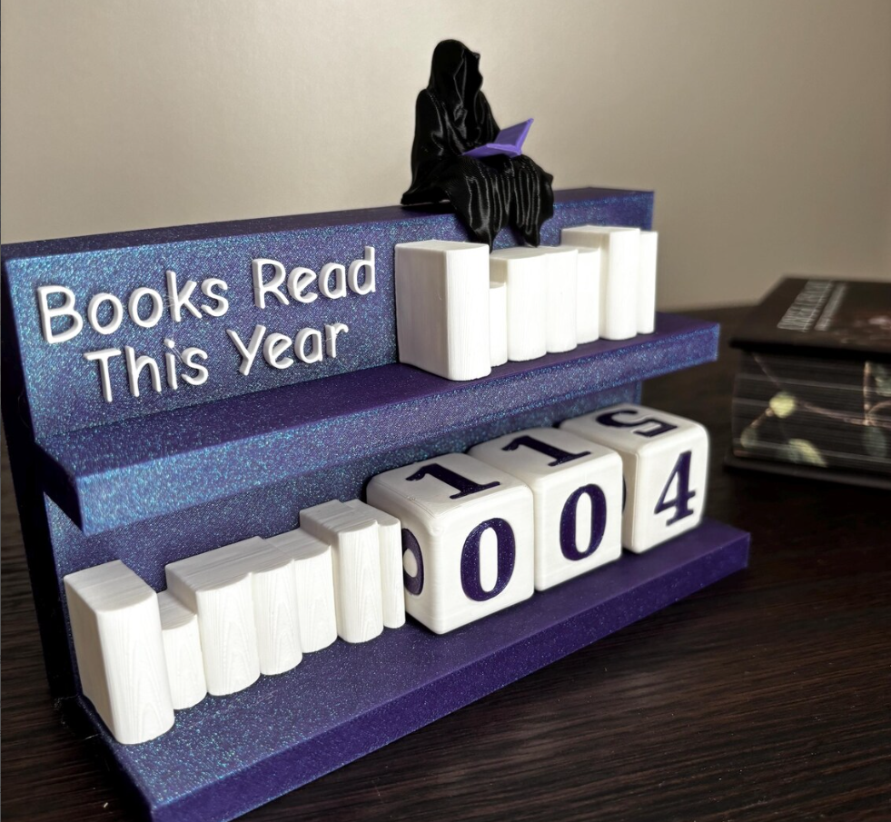 Books Read Counter: Bookworm Decor with Dice - Track Reading: Counter with White Books and Grim holding a Book