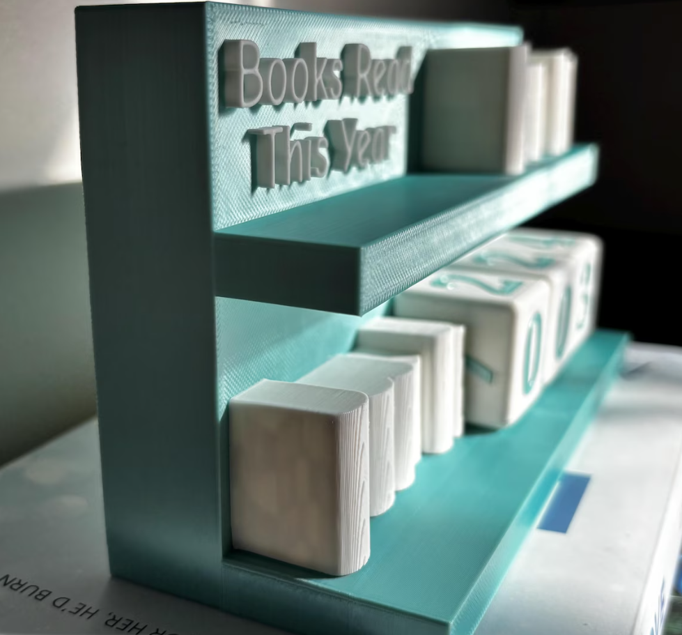 Books Read Counter: Bookworm Decor with Dice - Track Reading: Counter with White Books and Grim holding a Book