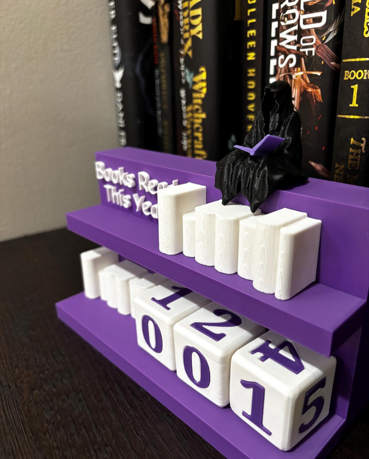 Books Read Counter: Bookworm Decor with Dice - Track Reading: Counter with White Books and Grim holding a Book