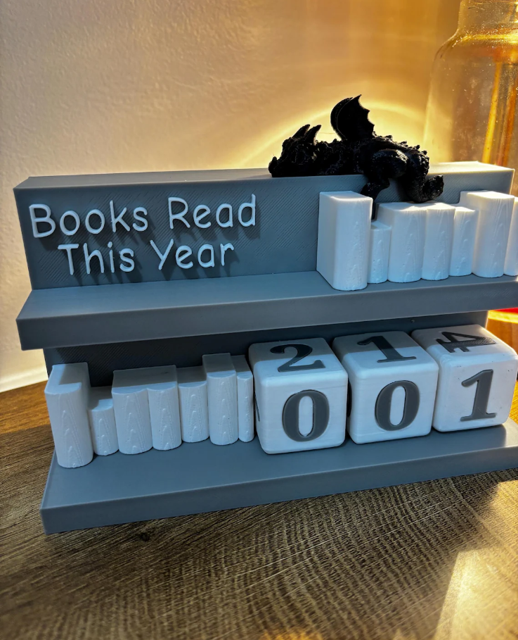 Books Read Counter: Bookworm Decor with Dice - Track Reading: Counter with White Books and Grim holding a Book