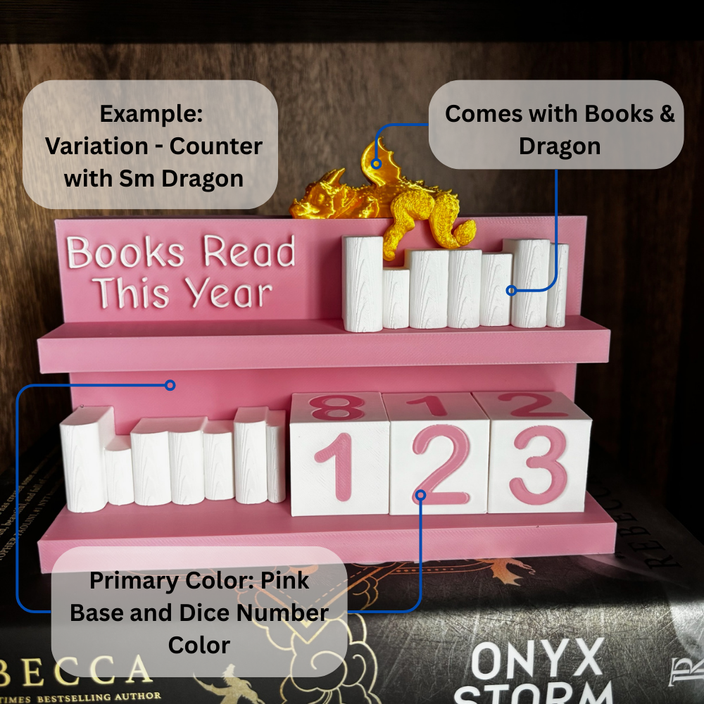 Books Read Counter: Bookworm Decor with Dice - Track Reading: Counter with White Books and Grim holding a Book