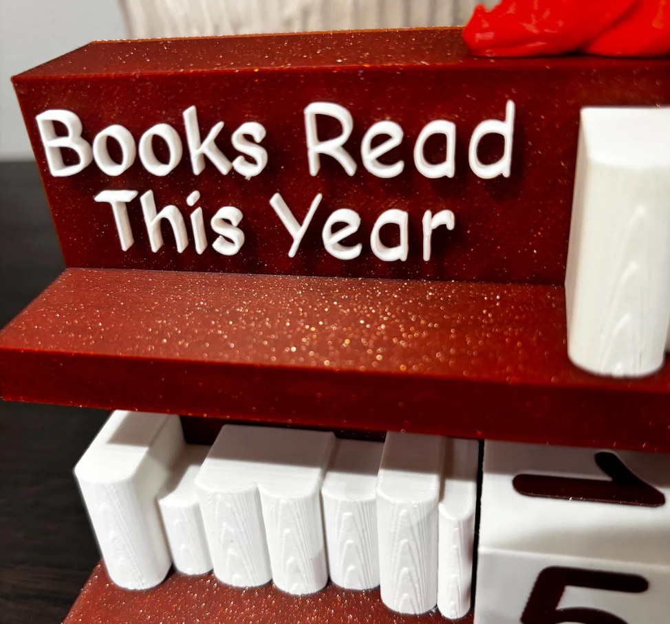 Books Read Counter: Bookworm Decor with Dice - Track Reading: Counter with White Books and Grim holding a Book