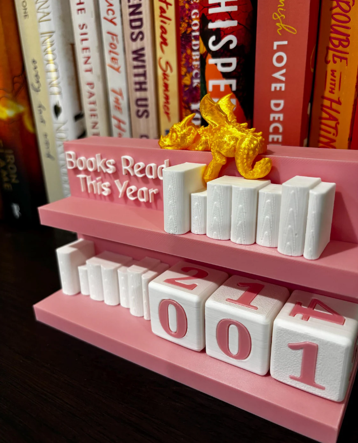 Books Read Counter: Bookworm Decor with Dice - Track Reading: Counter with White Books and Grim holding a Book